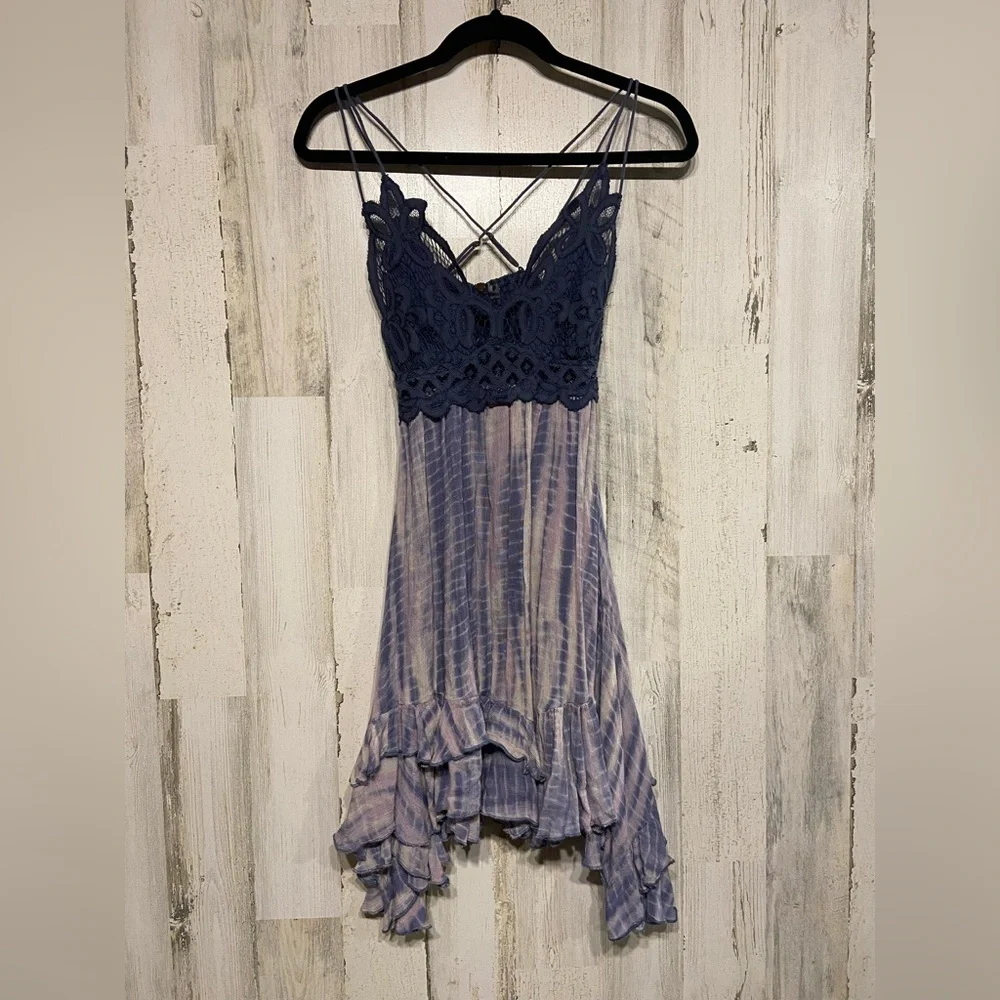 Free People Blue Purple Adella Lace Tie-Dye Mini Dress XS